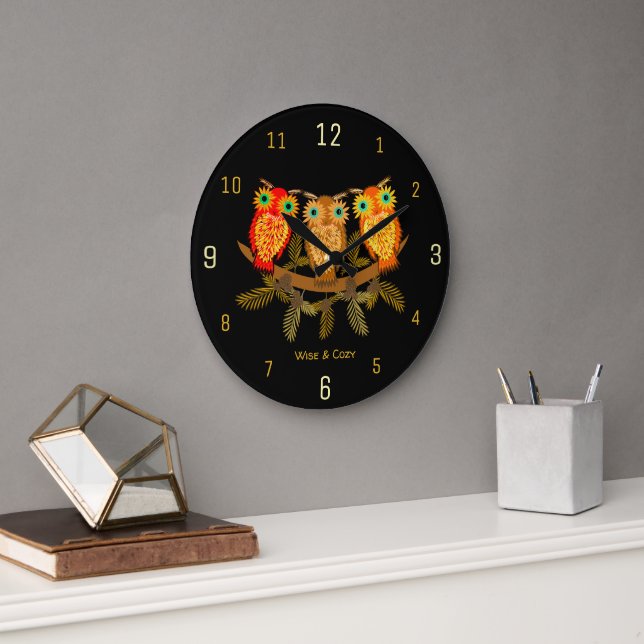Wise & Cozy Owls Black Large Clock (Office)