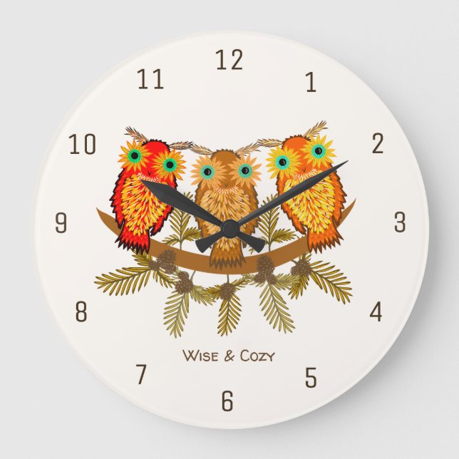 Wise & Cozy – Three Orange Owls Art Large Clock (Front)