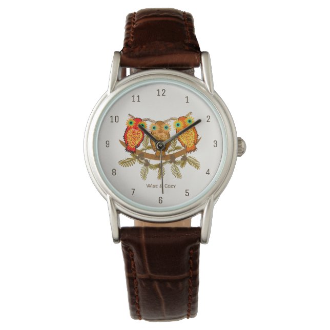 Wise & Cozy – Three Orange Owls Art Watch (Front)