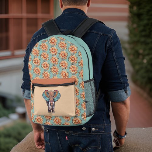 Wise Elephant Turquoise Dark Peach Floral Monogram Printed Backpack