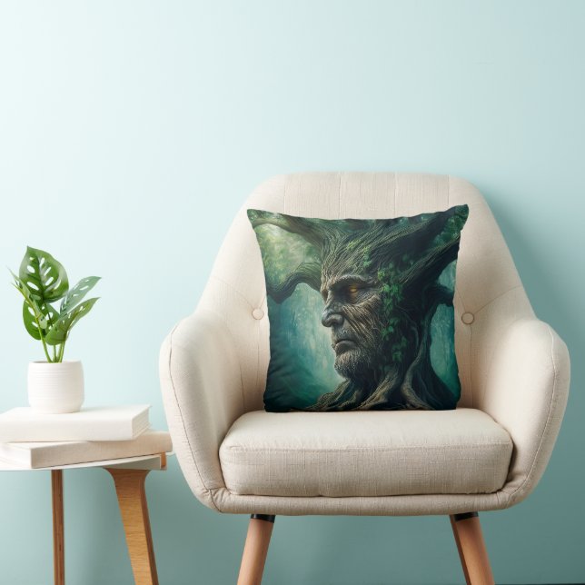 Wise Face in Ancient Tree Mystical Forest Throw Pillow (Chair)