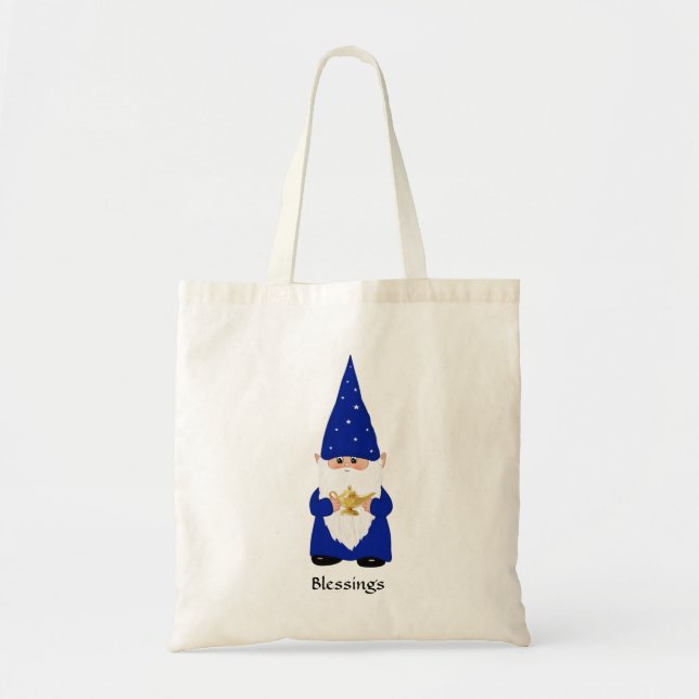 Wise Gnome Dressed in Blue with Lamp Tote Bag (Front)