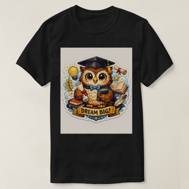 Wise Grad Owl: Vibrant Milestone Achievement T-Shirt (Design Front)