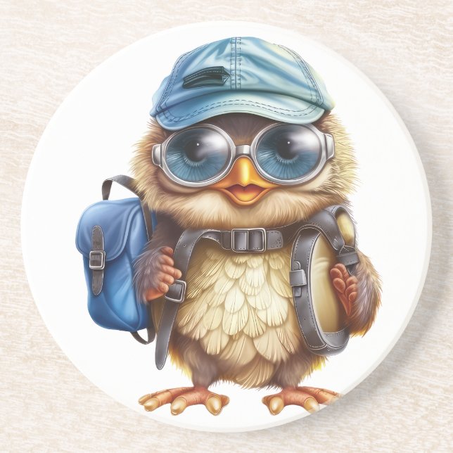 Wise Little Traveler - Kid Owl with backpack Coaster (Front)