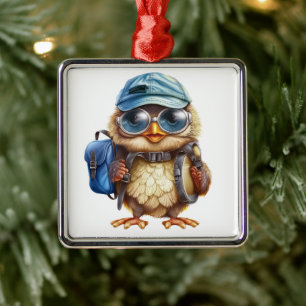 Wise Little Traveler - Kid Owl with backpack Metal Ornament