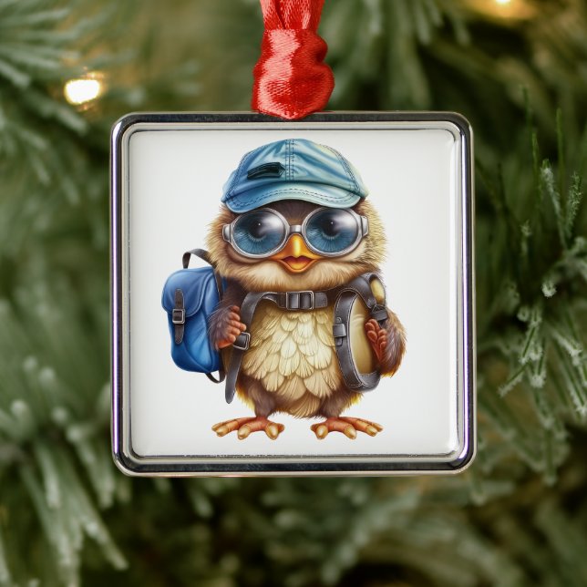 Wise Little Traveler - Kid Owl with backpack Metal Ornament (Tree)