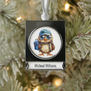 Wise Little Traveler - Kid Owl with backpack Silver Plated Banner Ornament
