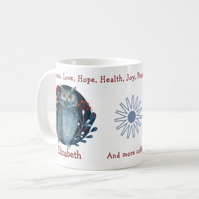 Wise Magical Owl, Floral Backdrop. Unique, Funny Coffee Mug (Front Left)