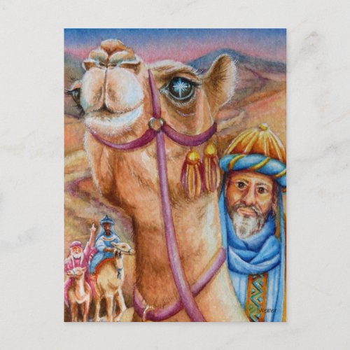 Wise Men on Camels See Star Watercolor Art Postcard