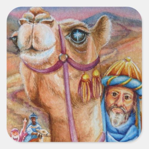 Wise Men on Camels See Star Watercolor Art Square Sticker