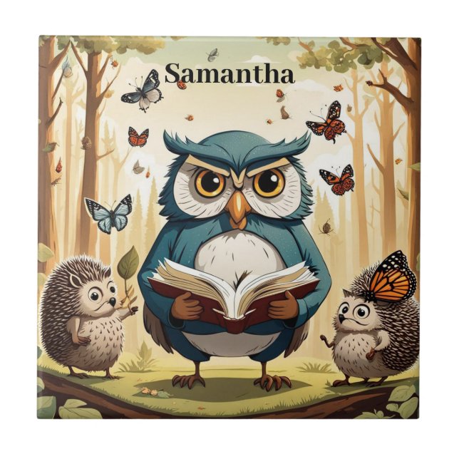 Wise old owl, butterflies, hedgehogs Editable name Ceramic Tile (Front)
