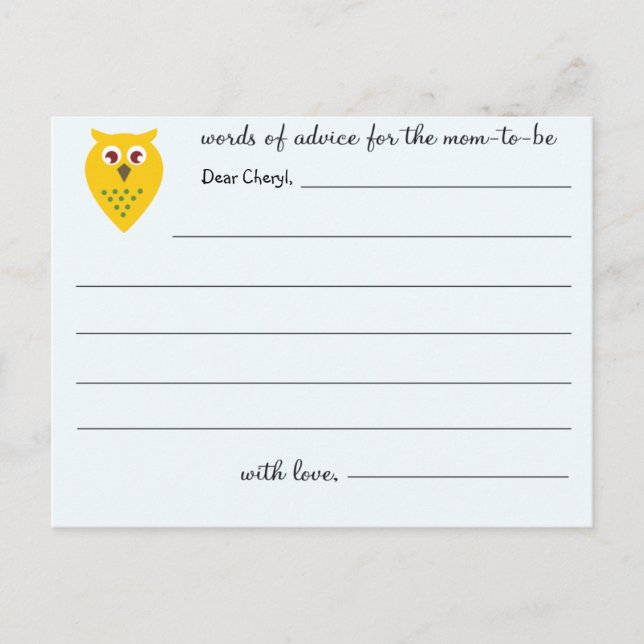 Wise Owl  - Baby Shower Advice cards (Front)