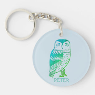 Wise Owl blue green CUSTOM NAME Keychain