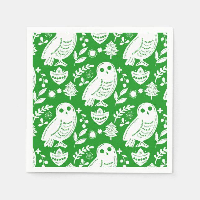 Wise Owl Folk Art Green Holiday Napkins (Front)