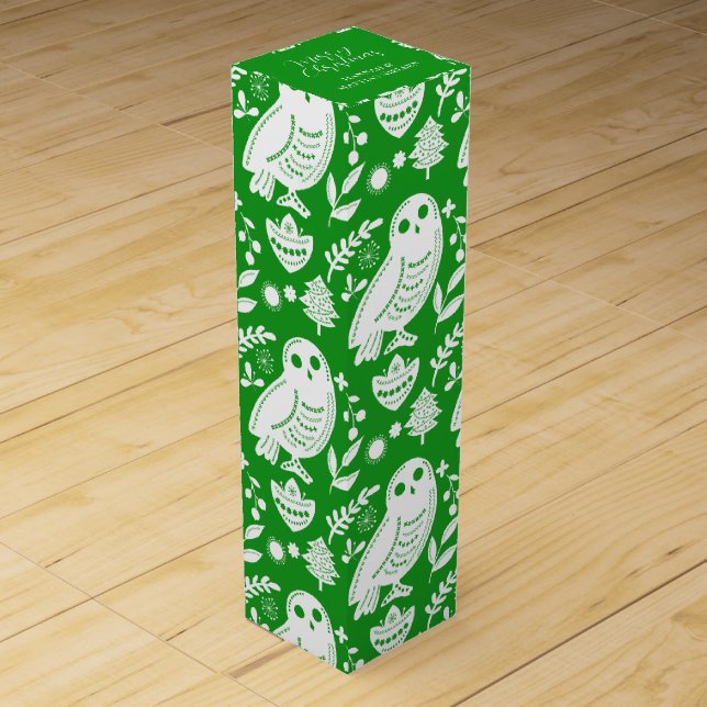 Wise Owl Folk Art Green Holiday Wine Box (Front)