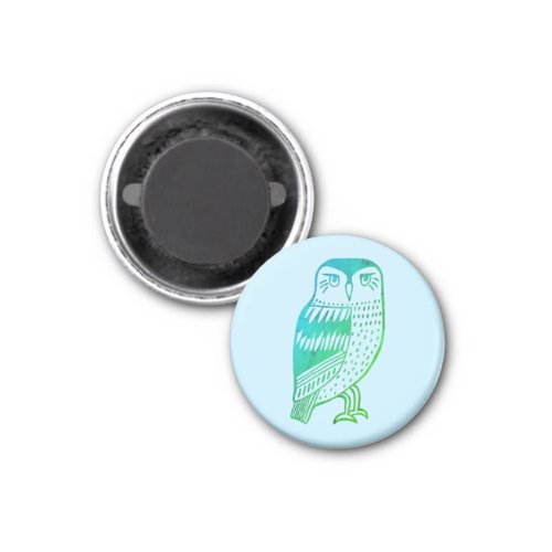 Wise Owl Green BLue Drawing on Blue Magnet