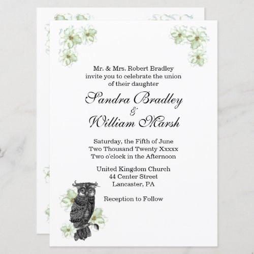 Wise Owl Green Flowers Wedding Invitation