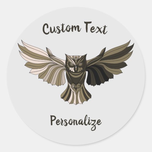 Wise Owl in Flight Brown Tan Custom Made Classic Round Sticker