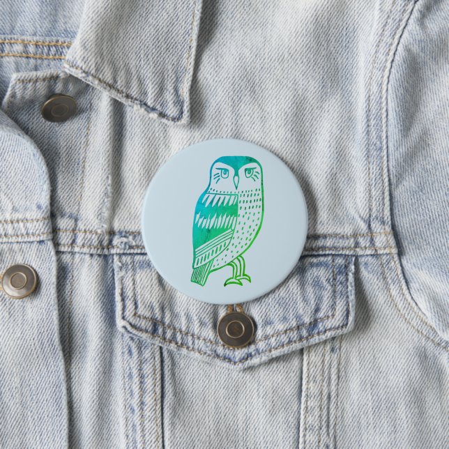 Wise Owl line drawing blue green Button (In Situ)