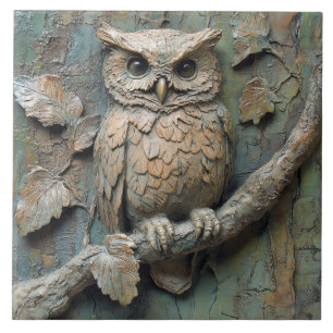 Wise Owl on Branch Wildlife Faux Relief Ceramic Tile