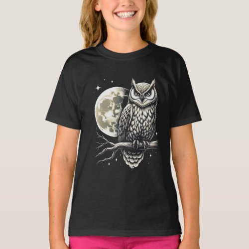 Wise Owl Perched on a Moonlit Branch T_Shirt