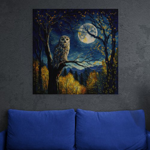 Wise Owl Perched on a Tree Under the Full Moon _ Poster
