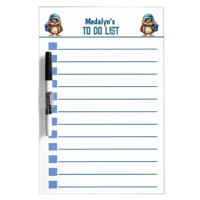 Wise Owl with Blue backpack, hats and an eyeglass, Dry Erase Board (Front)