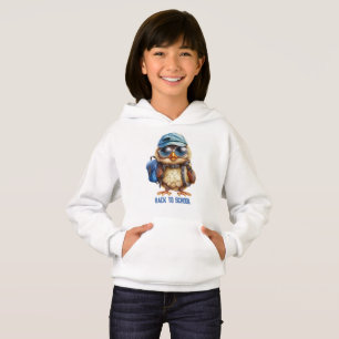 Wise Owl with Blue backpack, hats and an eyeglass, Hoodie