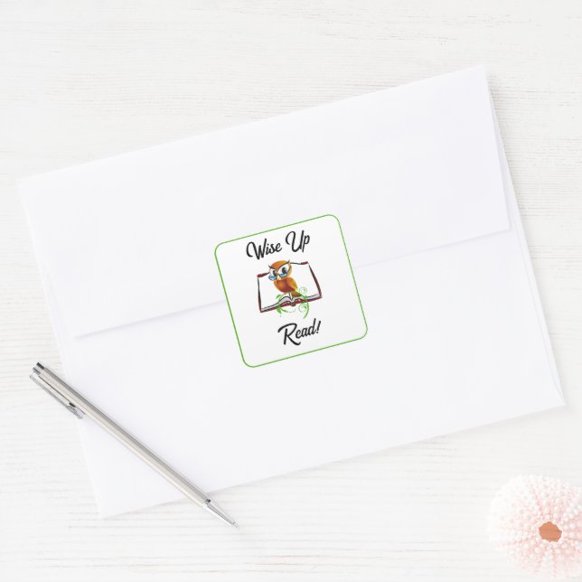 Wise Up and Read Book Owl Funny Kids Cartoon Square Sticker (Envelope)