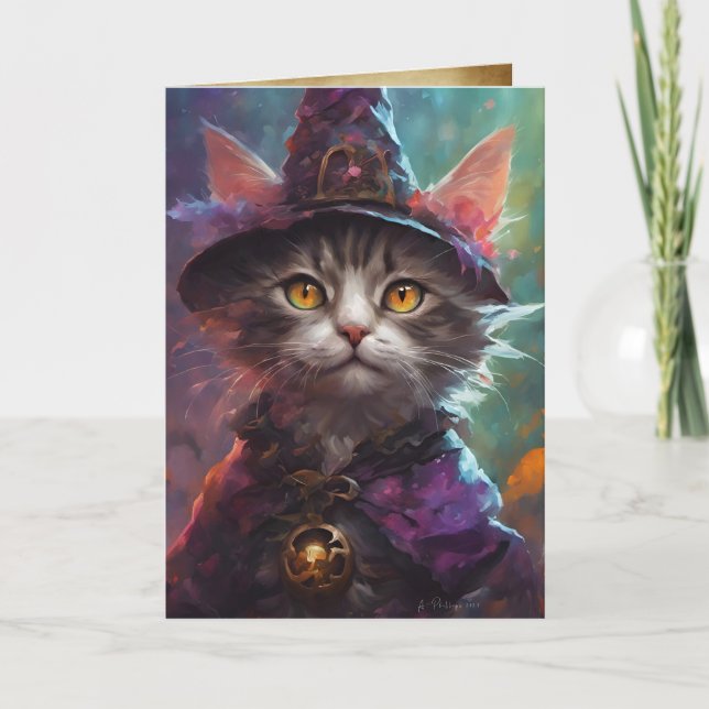 Wise Witch Cat Halloween Greetings, Kitten Hallows Card (Front)