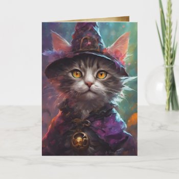 Wise Witch Cat Halloween Greetings  Kitten Hallows Card by golden_oldies at Zazzle