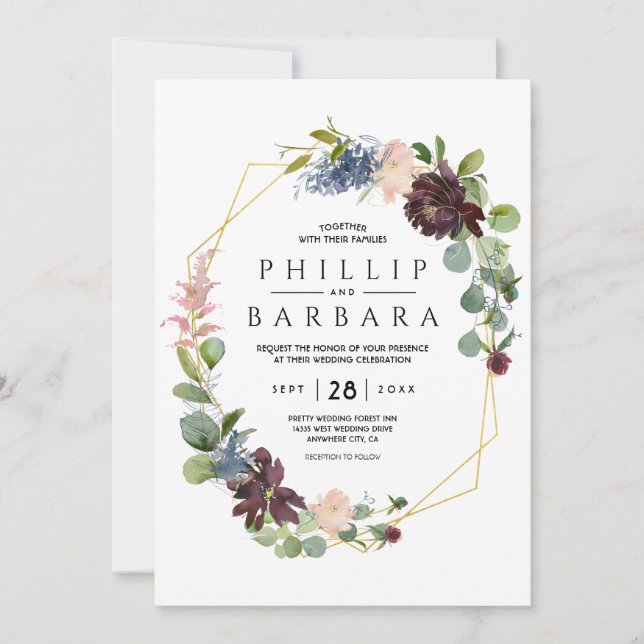 Wish Bordo Blue Watercolor Flowers Invitation (Front)