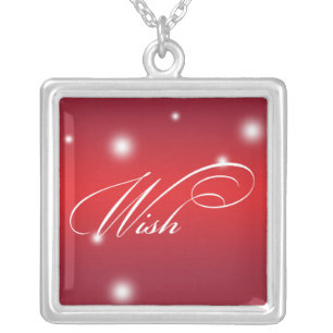 WISH sentiment elegant script red glow keepsake Silver Plated Necklace