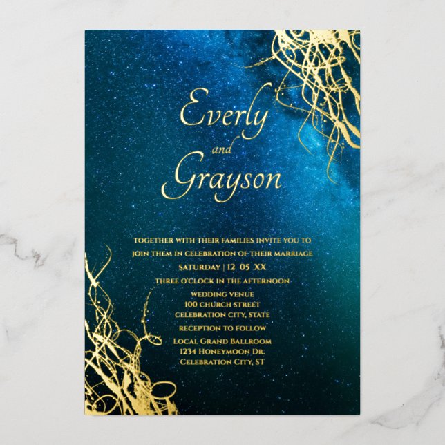 Wish Upon a Star Fairytale Blue & Gold Wedding     Foil Invitation (Front)