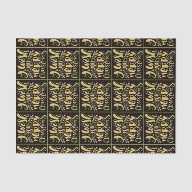 Wish You A Merry Christmas Bla & Gold Typography 2 Tissue Paper (Front)