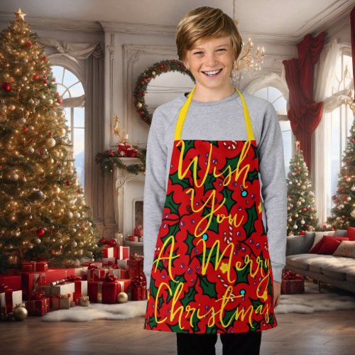 Wish You a Merry Christmas Holly Pattern Apron