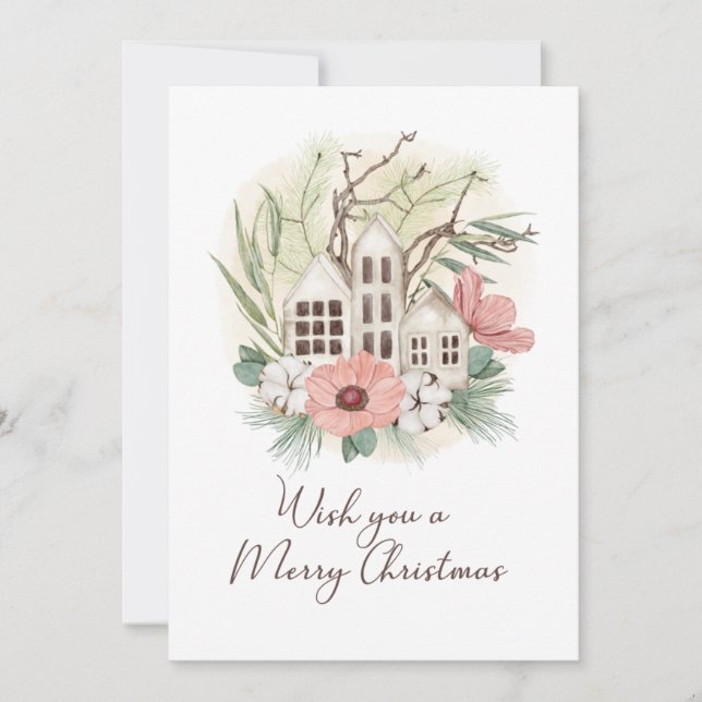 Wish You A Merry Christmas Pink Floral House Holiday Card (Front)