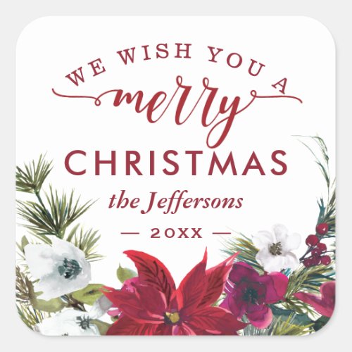 Wish You A Merry Christmas Poinsettia Floral Favor Square Sticker