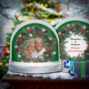 Wish You A Merry Christmas Wreath Couple Photo    Snow Globe