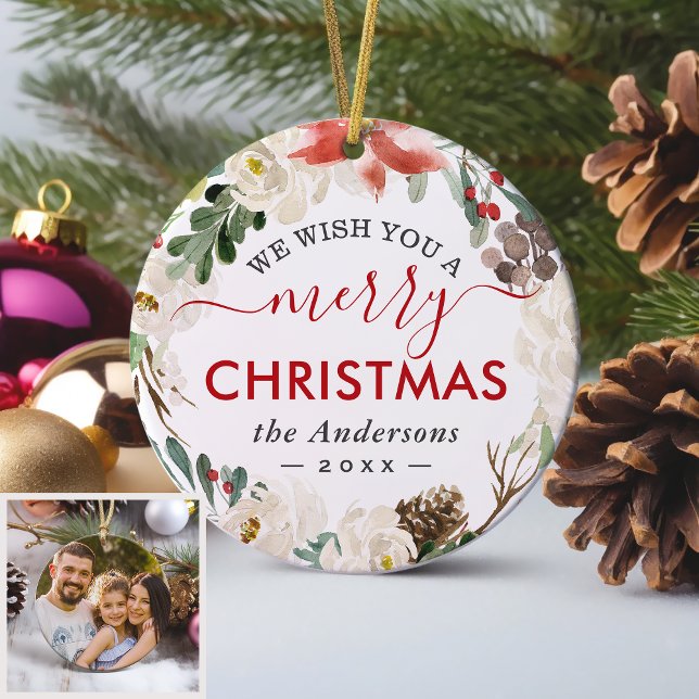 Wish You A Merry Christmas Wreath Floral Photo Ceramic Ornament (Sample)