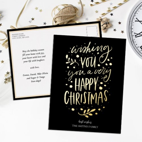 Wish You Merry Christmas Black Gold Non Photo Foil Holiday Postcard