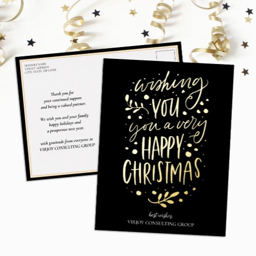 Wish You Merry Christmas Black Script Business Foil Holiday Postcard