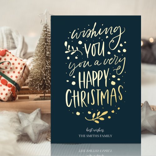 Wish You Merry Christmas Blue Gold Non Photo Foil Holiday Card
