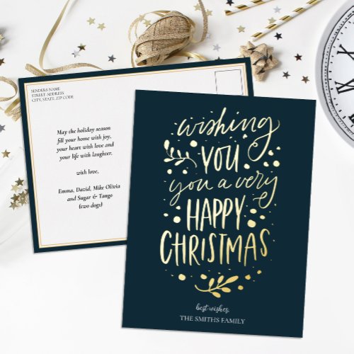 Wish You Merry Christmas Blue Gold Non Photo Foil Holiday Postcard