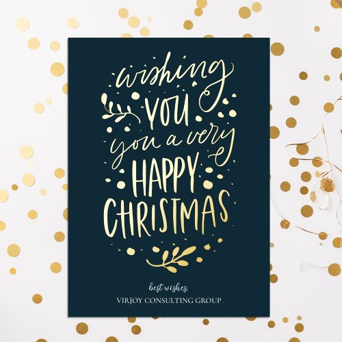 Wish You Merry Christmas Blue Gold Script Business Foil Holiday Card