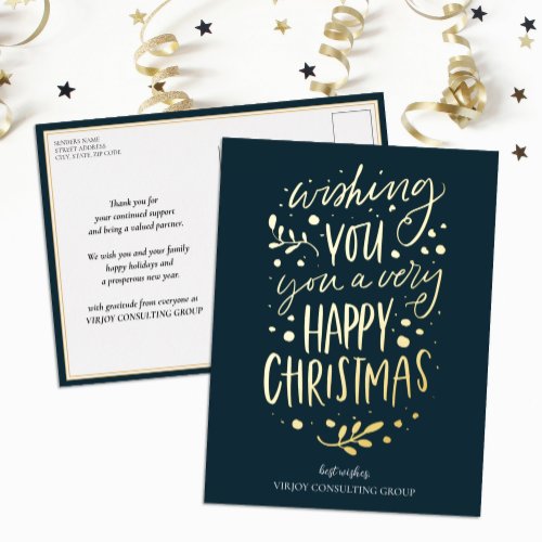 Wish You Merry Christmas Blue Gold Script Business Foil Holiday Postcard