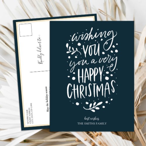 Wish You Merry Christmas Blue Script Non Photo Holiday Postcard