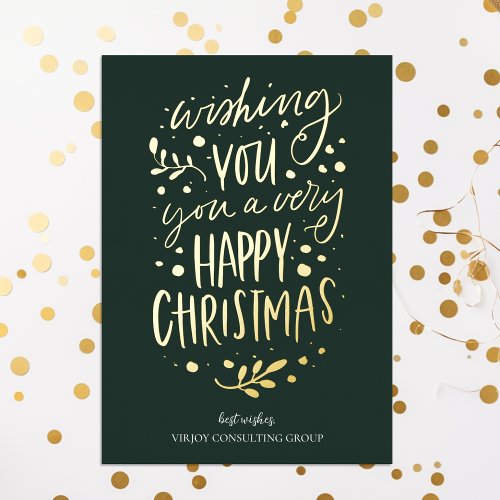 Wish You Merry Christmas Green Gold Business Foil Holiday Card