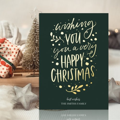 Wish You Merry Christmas Green Gold Non Photo Foil Holiday Card