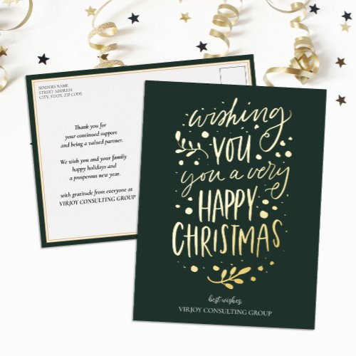 Wish You Merry Christmas Green Script Business Foil Holiday Postcard
